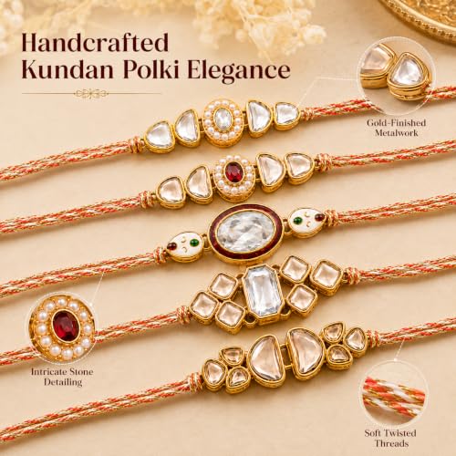 Image of Kaameri Bazaar Kundan Polki Rakhi Set of 5 with Chocolate Coated Almonds 35g, Trail Mix 35g, Chocolate Filled Cookies 75g, Roli Chawal & Greeting Card | Raksha Bandhan Gift Hamper for Brothers