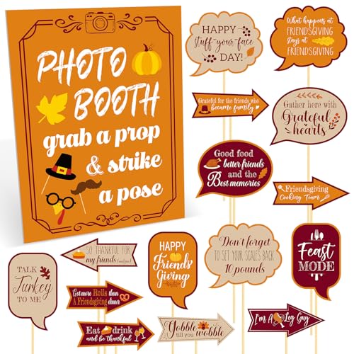 Amyhill 33 Pcs Thanksgiving Photo Booth Sign with Stand Props Kit Friendsgiving Fall Photo Booth Props for Thanksgiving Feast Fall Photoshoot Outdoor Party Photography Prop Desktop Decor Supplies