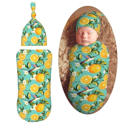 Image of Hummingbirds and Lemon Newborn Swaddle Blankets Hat Sets Soft Baby Receiving Blanket Swaddle Sack for Baby Shower Infant Boy Girl Gift