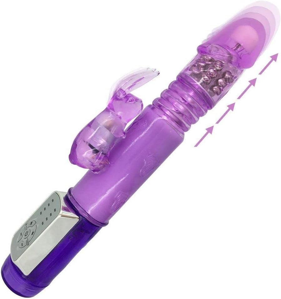 Thrusting Bunny Rabbit Vibrator - 12 Vibration & 4 Thrusting Intensities - Ribbed Shaft - Life-Like Head - Flexible Ears - Purple - 10 inches - 1.45 inches - Multi-Function - Blended Orgasms