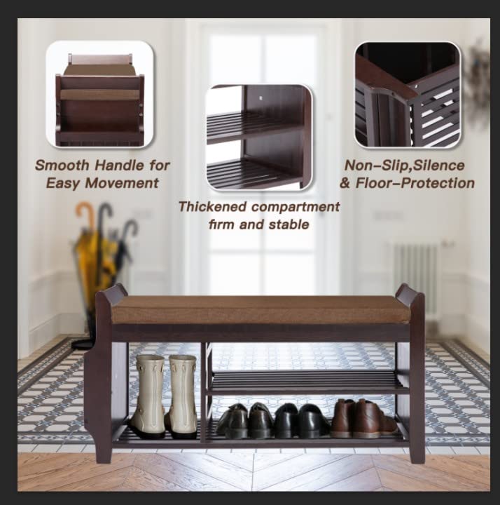 NURTUDIS Shoe Rack Bench,Bamboo Shoe Storage Stool with Removable Cushion, 2-Tier Entryway Shoe Storage Organizer Shelf with Side Drawer and Book/Umbrella Basket for Living Room, Bedroom(Large)