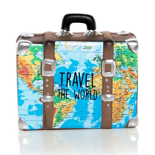 Hucha Viaje Maleta: cerámica con Mapa del Mundo y Texto, Caja Aho...