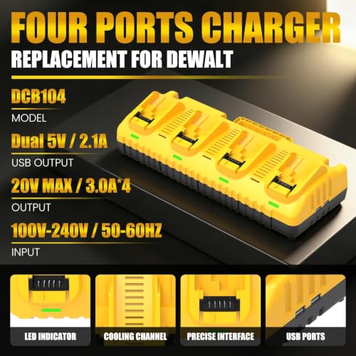 Image of 4Pack 12000mAh DCB206 Replacement for Dewalt 20V Battery and DCB104 Charger | Compatible with Dewalt 20V Max Battery DCB203 DCB207 DCB200 DCD DCF DCG Series Cordless Power Tools