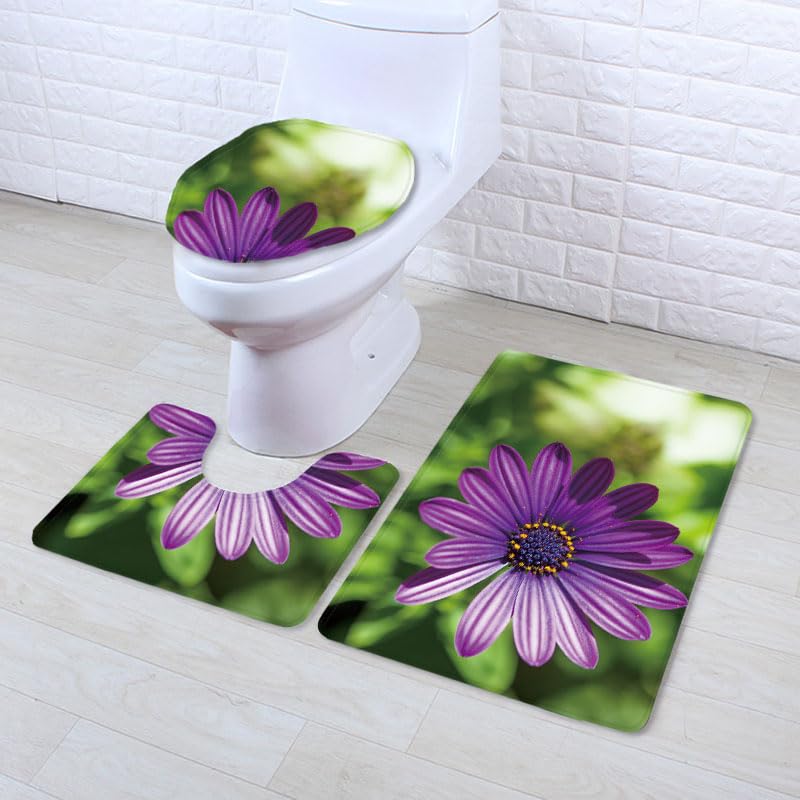 Bad Teppiche Set Grüne Lila Blume Badezimmerteppich Waschbar WC Vorleger mit Ausschnitt und WC Deckelbezug 3 Teilig Badematte rutschfest Toilettensitzbezug Badgarnitur 50x80 cm
