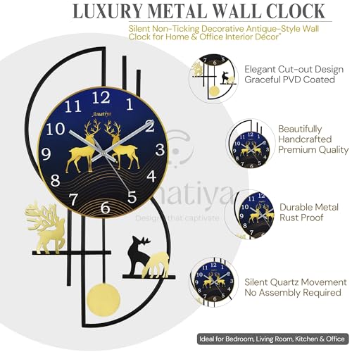 Image of Decorative Analog Wall Clock /Metal Wall Clock /Deer Wall Watch Big Size for Living Room,Bedroom,Office Decoration - 24x12 Inches