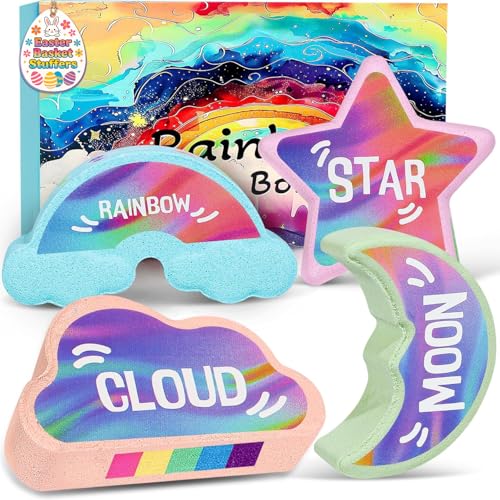 Rainbow Bath Bombs for Kids - 4 Pcs Handmade Natural Kid Bath Bombs, Easter Gifts for Kids, Girls Easter Basket Stuffers, Organic Bubble Bath