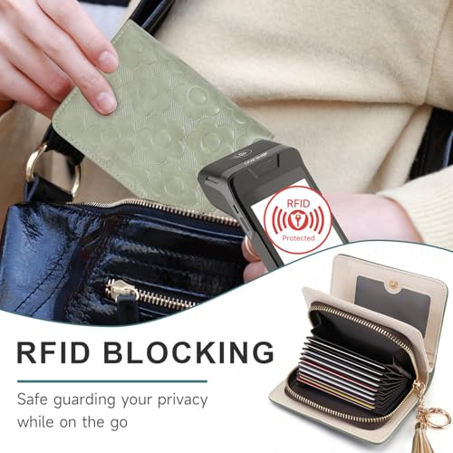 RFID Blocking Wallet Women Cute Embossed Floral Leather Credit Card Holder Wallet for Women with Tassel Accordion Purse Bifold Ladies Small Womens Wallets with Zipper Coin Pocket Green3