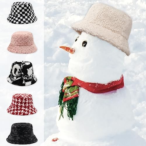 Image of Bucket Hat Women Furry Fuzzy Bucket Hats for Ladies, Winter Warm Fluffy Plush Faux Fur Hat for Women