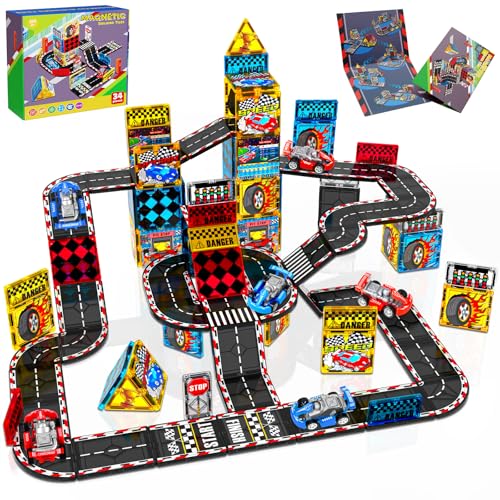 Magnetic Tiles Road Set | Magnet Tiles Race Track Magnetic Car Racing Tile for Kids Ages 4-8 5-7 Magnetic Tile Rails Building Toys STEM Learning Sensory Birthday Gifts for 3+ Years Old Boys Girls