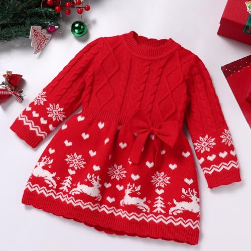 ABAFIP Newborn Baby Girl Christmas Sweater Dress Crochet Knitted Ruffle Long Sleeve Fall Winter Xmas Dress Outfit3