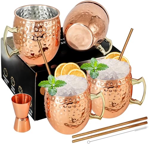 Moscow Mule Kupferbecher-Set mit 4 Premium Moscow Mule Becher 54cl/540ml 4 Stück Becher aus verkupfertem Edelstahl Großartig für Cocktail Gekühlte Getränk mit 1/0.5oz Double Jigger Löffel Strohhalme
