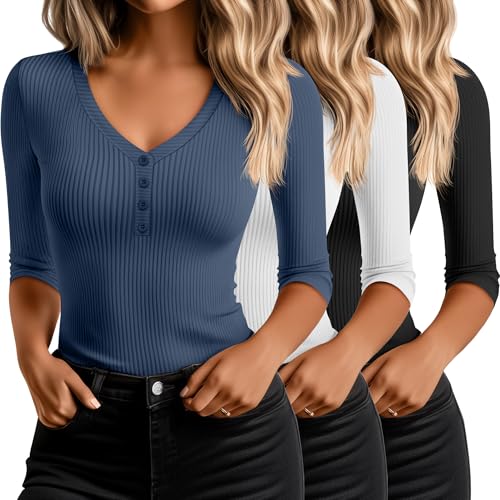 Ficerd 3 Pack Women's 3/4 Sleeve Henley Shirts, Cotton V Neck Ribbed Knit Slim Fit Shirts Tight Basic Tee
