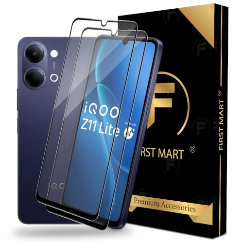 Image of FIRST MART Tempered Glass Screen Protector for iQOO Z11 Lite - Full-Glue Screen Guard, 3D Edge to Edge, Bubble-Free HD Clear, Case-Friendly, Black, Pack of 2