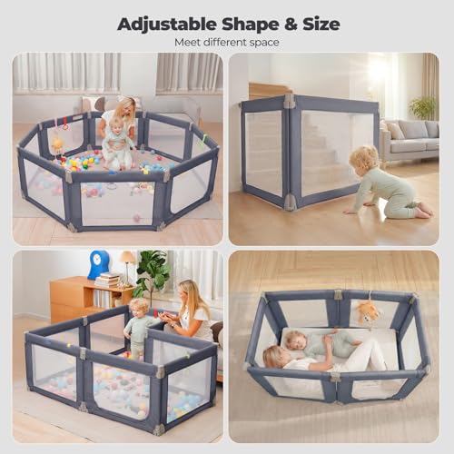 Image of Kidirect Foldable Baby Playpen, 71 inchx69 inch Extra Large Playpen for Babies and Toddlers, Portable Play Yard with 5 Handles, Indoor Outdoor Safety Baby Fence with Visible Mesh, Grey