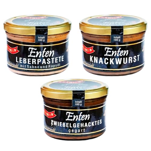 Fläminger Entenspezialitäten | 3 Spezialitäten im Glas: Enten-Leberpastete, -Knackwurst und -Zwiebelgehacktes | aus feinstem Entenfleisch | herzhaft gewürzt | 480g (3 x 160g Glas)