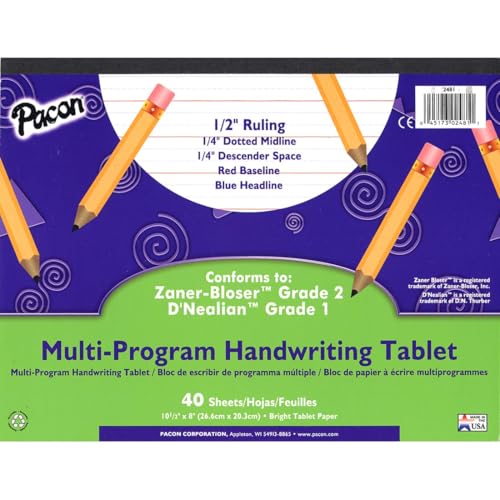 Pacon PAC2481 Multi-Program Long Ruled Handwriting Tablet, 8' x 10.5', 40 Sheets, D'Nealian Grade...
