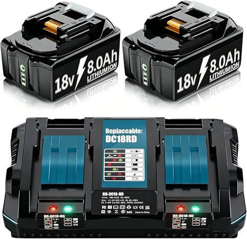 2 X 8.0Ah 18v Akku mit Ladegerät Ersatzakku für makita Akku BL1830B BL1840 BL1850 BL1850B BL1860 BL1860B BL1815 LXT-400 18V 8000mAh Ersatzakku mit Netzteil Dual Port 6A Ladegerät