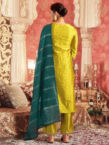 Image of Sanisa Women's Silk Blend Jacquard Straight Kurta with Pant and Dupatta Set