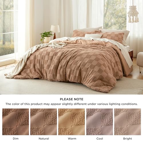 Image of Bedsure California King Size Comforter Set Terracotta, Boho Tufted Bed Set, Checkered Farmhouse-Style Distressed Vintage Bedding, 3 Pieces, 1 Plaid Geometric Comforter and 2 Pillow Shams