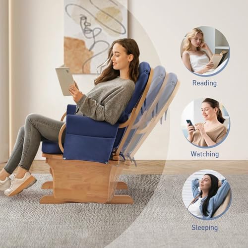 Image of Wood Glider Rockers, Glider Rocking Chair, Nursing Glider with Solid Hardwood Frame for Nursery Living Room Bedroom Classroom (Beech Wood Color + deep Blue)