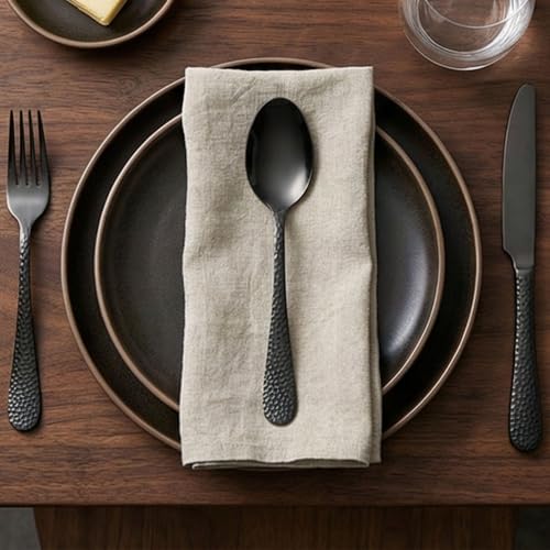 Image of 8.1 inch Hammered Charcoal Black Silverware Dinner Spoons | 5-Piece Premium Stainless Steel Flatware Set | Dishwasher Safe Cutlery Set for Home, Restaurant & Gifting