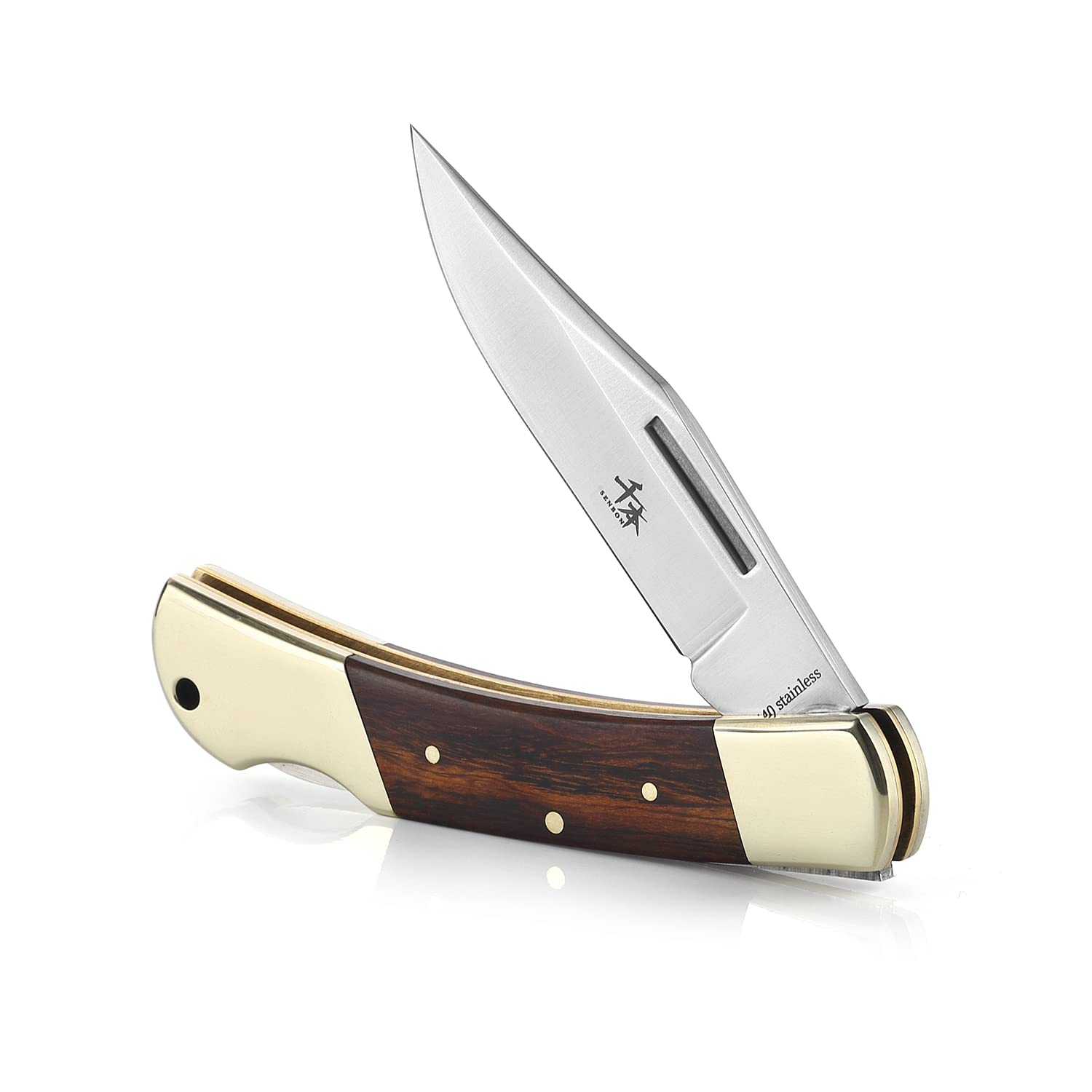 SENBON couteau pliant à verrouillage arrière 3.3in 440a couteau extérieur tranchant sable fer bois manche en cuivre avec gaine en cuir
