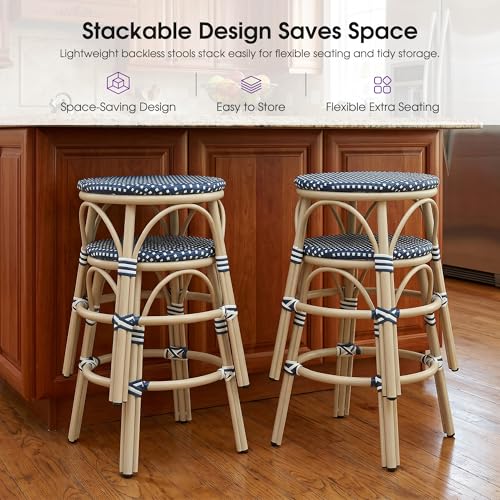 Image of PURPLE LEAF Outdoor French Round 26 inch Counter Stool Set of 2 Large Woven Wicker Backless Armless Barstool White Print Aluminum Frame for Patio Island Kitchen Cafe Rattan Chairs Deep Blue