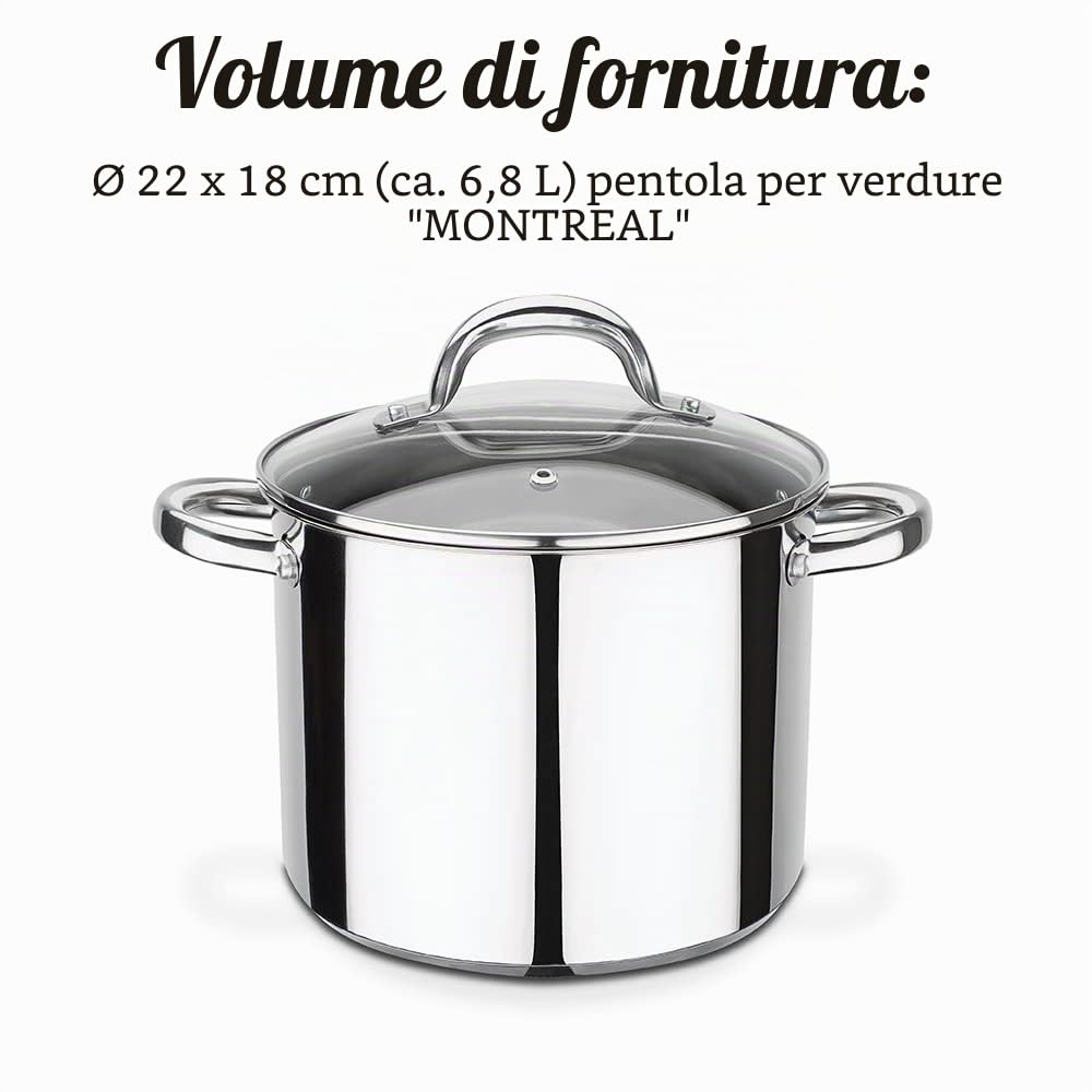 GSW 990196 Montreal, pentola per verdure con coperchio in vetro, acciaio inossidabile, argento, 22 cm, 6,8 litri, 31 x 22 x 18 cm