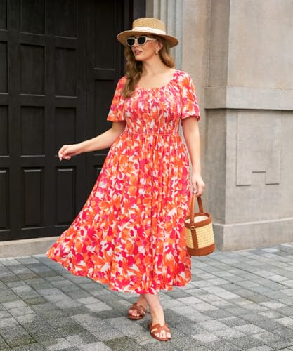 Image of RITERA Plus Size Dresses for Curvy Women Square Neck Short Sleeve Summer Floral Smocked Maxi Dress with Pocket XL-5XL