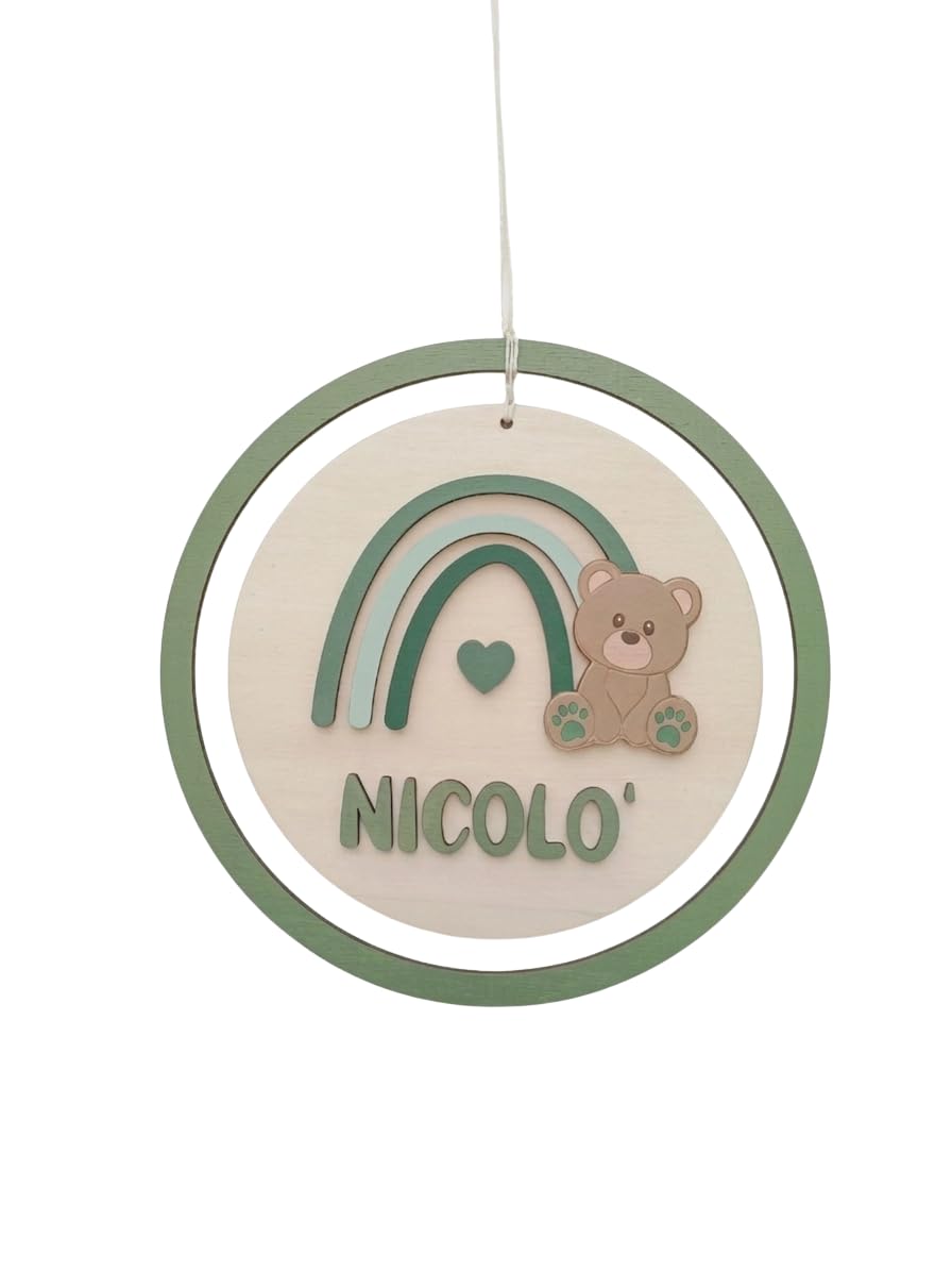 Decorazione Personalizzata da Parete per Bambini, Orsetto con Arcobaleno, Targa in Legno per Cameretta, Regalo Nascita e Battesimo, Fiocco nascita fatto a Mano