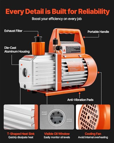 Image of VEVOR Vacuum Pump, 3.5 CFM 1 /4 HP, HVAC Single Stage Rotary Vane AC Vacuum Pump, for R134a R22 R410a Systems, with Oil Bottle, 1720 PRM, for Automotive Air Conditioner Maintenance Resin Degassing