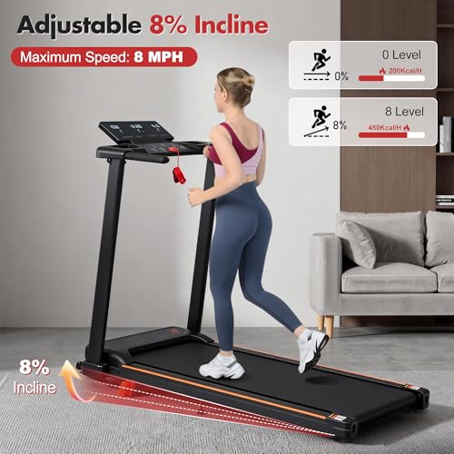 Image of Treadmill with 8% Incline, Portable Treadmills for Home with Handle, Foldable Treadmills with 265 Lbs Capacity, 3.0HP Treadmill with 4 Adjustable Support Feet