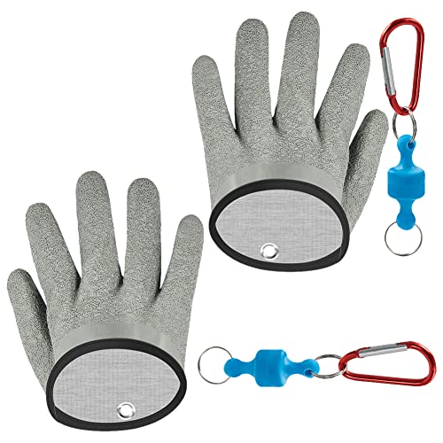 フィッシンググローブ 魚グリップ カラビナ付き 厚いミトン 防水 防刃 釣り手袋 左右セット (グレー)