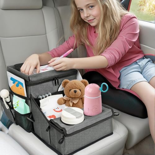 Image of Backseat Organizer for Kids & Adults - Car Seat Cooler Warmer with 2-in-1 Writing Tray, Cup Holders & 11 Storage Compartments | Road Trip Car Organizer for Front & Back Seat (Grey)