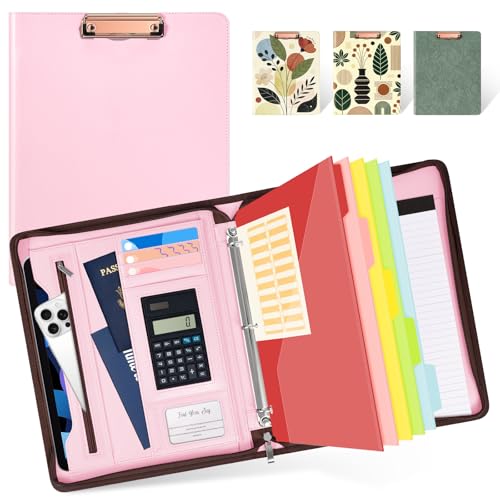 Image of Ospelelf Pink Leather Portfolio Binder 3 Ring, Zippered Clipboard Folder with Storage - 5 Dividers with Pocket, Padfolio for Women,12.1 inch Tablet Sleeve, Refillable Notepad, Card Slot