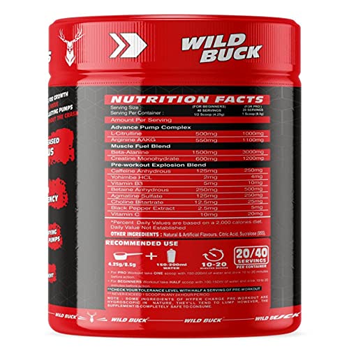 Image of WILD BUCK Wild Pre-X4 Hardcore Pre-Workout Supplement powder with Creatine Monohydrate, Arginine AAKG, Beta-Alanine, Explosive Muscle Pump -For Men & Women [40 Servings, American Cola] Free Shaker