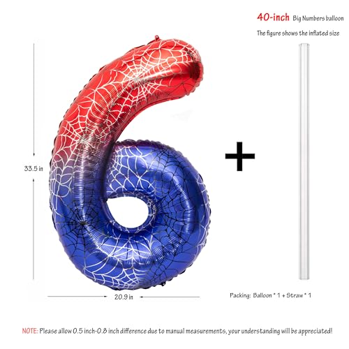 Image of 40 In Red And Blue Spider Theme Large Number 6 Balloon | Giant Large Helium Foil Balloon for Boy or Girl 6 th Birthday Wedding Anniversary Baby Shower Party Decorations