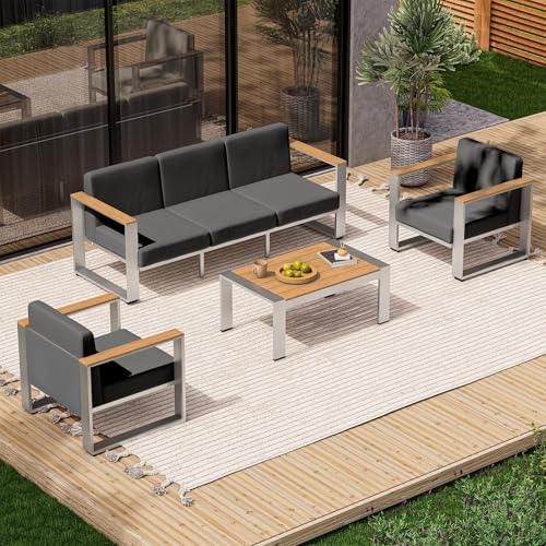 Image of Aluminum Patio Furniture Set, 5 Seats Outdoor Patio Conversation Sets with Ergonomic Seat and Wide Washable Thick Cushions, Modern Outdoor Sectional Furniture for Balcony, Porch