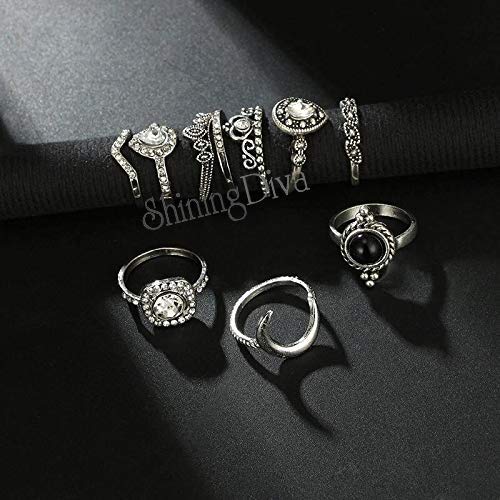 Boho Midi Finger Oxidized Crystal Ring Set of 10