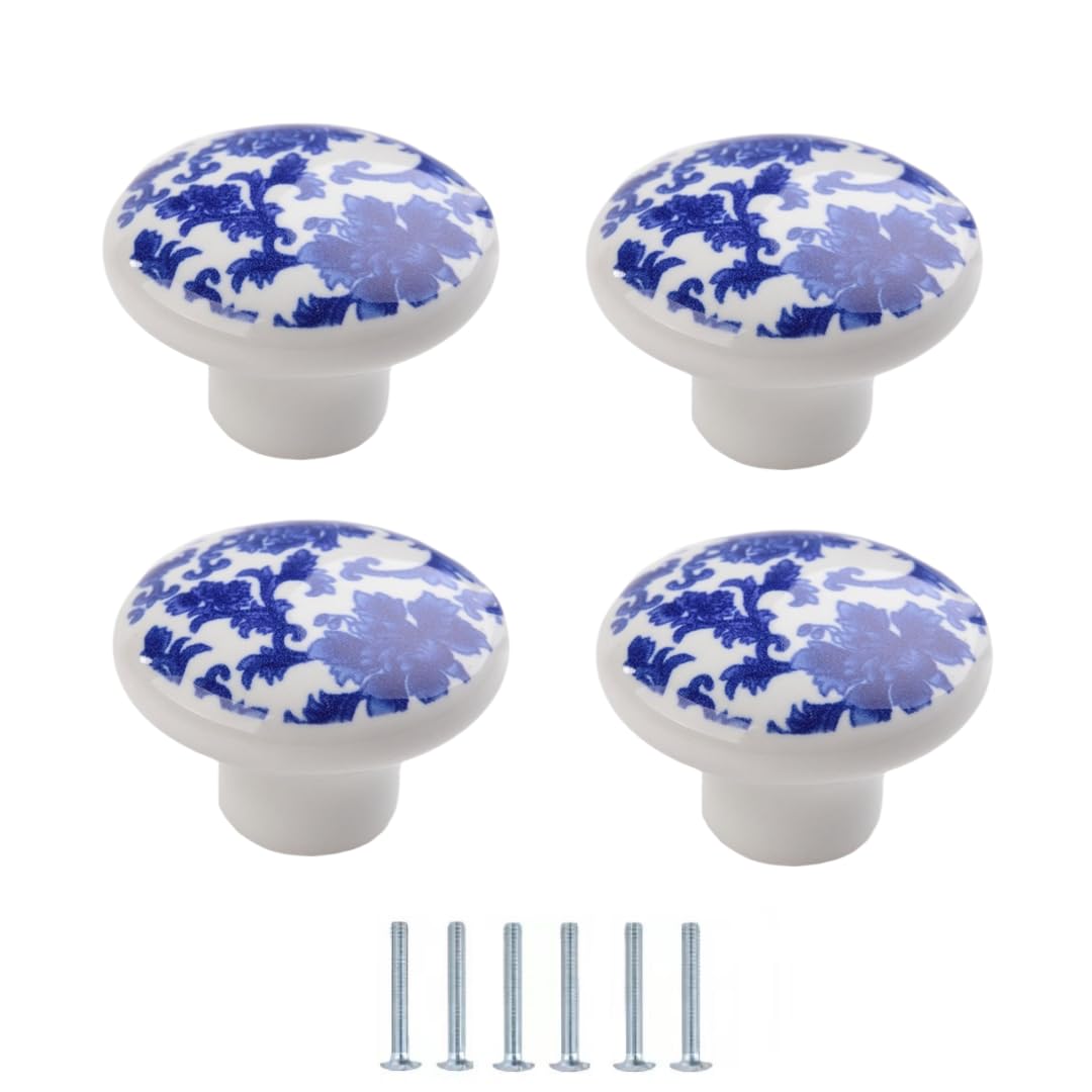 Lqzaxsrdr 32*25Mm Ceramic Cupboard Drawer Handle Knobs, Blue And White Porcelain Ceramic Knobs Pack Of 4 Multiple Sizes Single Hole(32 * 25Mm)