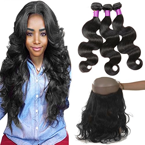 CUTE HAIR Brazilian Virgin Hair Body Wave With 360 Lace Frontal 3Bundles Body Wave Hair Weft With 360 Lace Frontal 8A Brazilian Human Hair Weaves With Frontal(12 14 16 with 12, Natural Color)