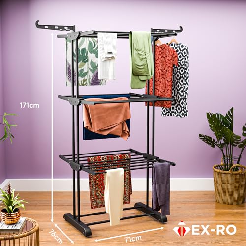Image of TEX-RO Metal Clothes Drying Stand Foldable with Wheels - 3-Tier Cloth Dryer Stand for Balcony, Bedroom & Indoor Outdoor | Heavy Duty Hanger Stand for Clothes Hanging, Dress Drying Rack - Black