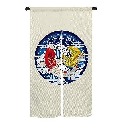 のれん Qinunipoto 和風 波と鯉 暖簾 シンプル風 幅85cm丈150cm インテリア 出入り口 目隠し おしゃれ すだれ 遮光 部屋 間仕切りカーテン 門カーテン ポリエステル製 オーダー可 簡単取付 四季兼用