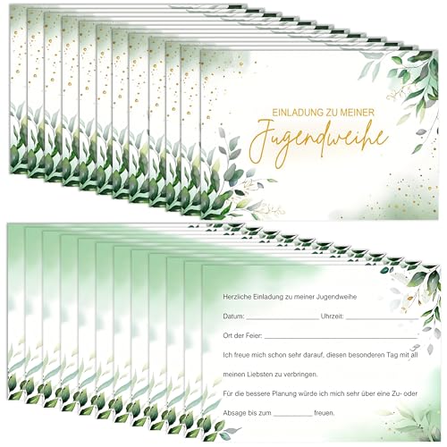 24 Stück Jugendweihe Einladungskarten Einladungskarten für Junge & Mädchen Karte Jugendweihe mit Eukalyptusblätter Motiv Perfekt für Feierliche Einladungen zu Jugendfeier & Erwachsenenfest