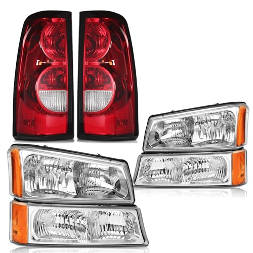 Headlights Tail Lights Assembly Combo Compatible with 2003-2006 Chevy Silverado 1500 2500 & HD Models, Chrome Housing Amber Side Headlamp + Taillight Rear Brake Lamp