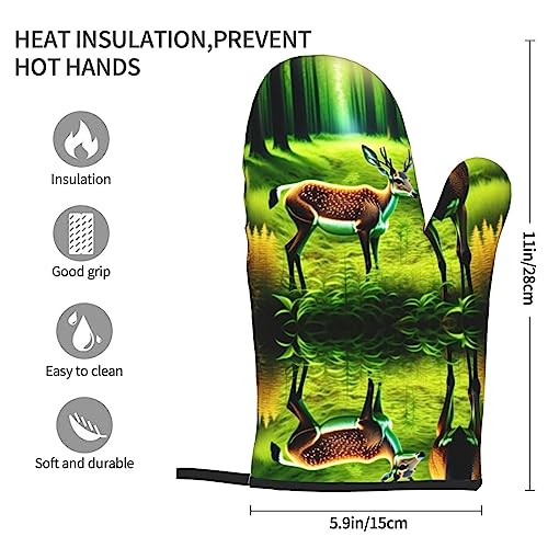 Cute Deer In The Forest Oven Mitts, Heat Resistant Kitchen Gloves For Bbq, Cooking, Grilling, Baking, Microwave, Set Of 2/11Inch #TOP1