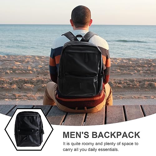 POPETPOP Stylish Solid Color PU Leather Backpack for Men Durable Travel Bag with Vintage Design for Shopping and Outdoor Activities Versatile Rucksack for All Ages Black4