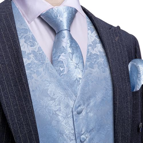 Image of Barry.Wang Mens Dusty Blue Suit Vest Jacquard Silk Ties Handkerchief Cufflinks Waistcoat Set Formal Wedding Tuxedo 5PCS