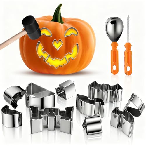 Choxila Pumpkin Carving Kit, 13-Pack Halloween Pumpkin Carving Stencils Metal with Hammer, Premium...