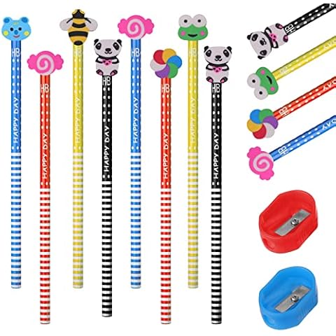Pencils with Rubbers on the End - Vaktop 12pcs HB Pencils with 2pcs Pencil Sharpeners, Cartoon Pencils for School Children, Graphite Writing Pencils - for Handwriting and Drawing, Party Bag Fillers Cover